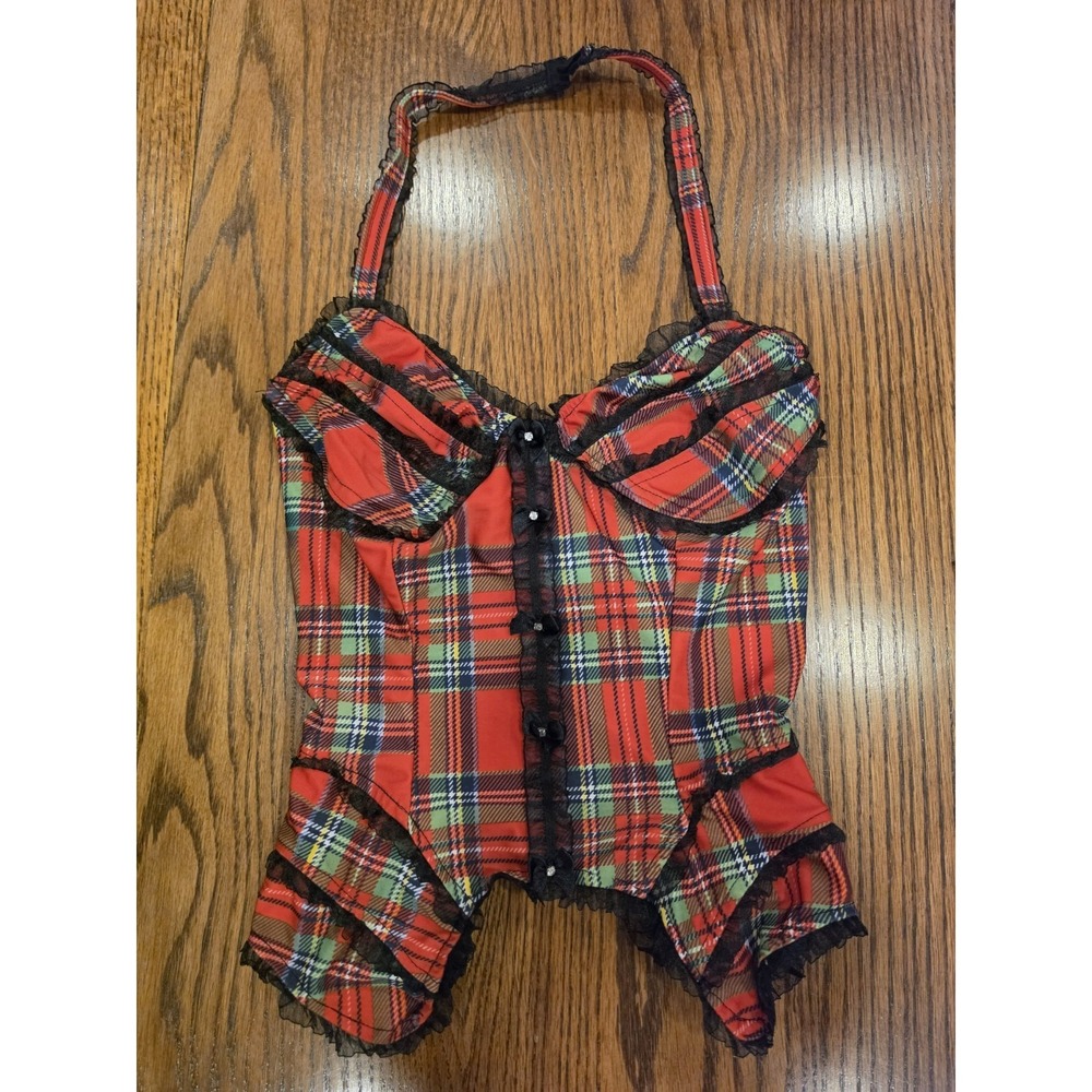 Y2K Forplay Plaid Corset Halter Top Red Tartan Pinup Burlesque S/M Goth Punk